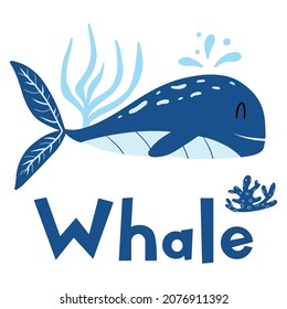 Childrens poster with a blue whale. Hand drawn poster with cute whale and seaweed. Suitable for prints, cards, posters, labels.