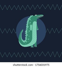 Children's poster with a cute crocodile. Hand drawing. Vector illustration in cartoon style.