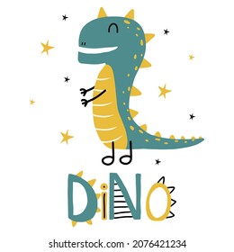 Childrens poster with a cute dinosaur. Green and yellow dino poster. Dino lettering Suitable for posters, cards, prints, labels.