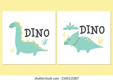 Children's poster with a cute dinosaur. Hand-drawn illustration with dino. The illustration is suitable for pints, nursery posters, postcards. Vector illustration.