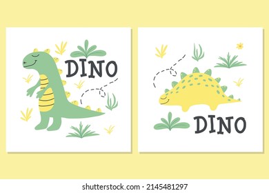 Afiche infantil con un lindo dinosaurio. Ilustración hecha a mano con dino. La ilustración es adecuada para pinturas, carteles de guardería, postales. Ilustración vectorial.