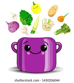 Children's poster with food. Saucepan with cute character vegetables