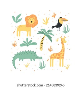 Children's poster with jungle animals. Poster for nursery. Cute hand drawn illustration with lion, crocodile, toucan and giraffe. Vector illustration.