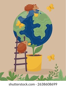 Children's poster on ecology. Earth in children's cartoon style. The planet from pollution is washed by cute hedgehogs. Vector illustration. 
