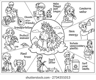 Children's poster on environmental conservation. Coloring page for Earth Day.