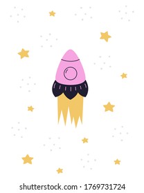 Children's poster on the space theme. Rocket and stars in cartoon style. Vector illustration, poster for children's room