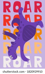 Children's poster with purple dinosaur dancing in cartoon style. Cute concept wiht lettering Roar. Illustration for the design postcard, textiles, shirt. Vector