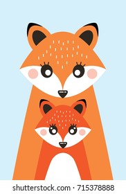 Children's poster in Scandinavian style with the image of foxes and fox. Vector illustration