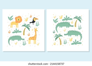 Children's poster set with jungle animals. Drawn posters for children. Posters with crocodile, lion, giraffe and toucan. Vector illustration.