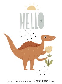 Children's poster with a spinosaurus. Cute book illustration of a dinosaur.Jurassic reptiles.Hello lettering.