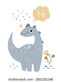 Children's poster with a tyrannosaurus. Cute book illustration of a dinosaur.Jurassic reptiles.Hi lettering.