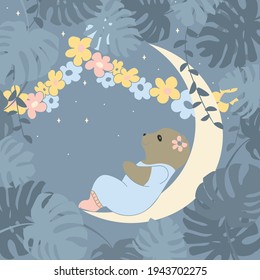 Children's poster. Vector illustration of a sleeping bear cub. Suitable for greeting cards, invitations, textiles.