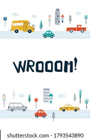 Children's posters with cars and lettering Wrooom! in cartoon style. Cute illustrations for children's room design, postcards, prints for clothes. Vector