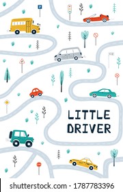 Children's posters with cars, road map and lettering Little driver in cartoon style. Cute illustrations for children's room design, postcards, prints for clothes. Vector