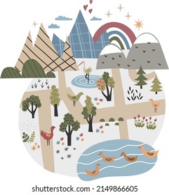Children's posters with cars, road map and lettering Little driver in cartoon style. Cute illustrations for children's room design, postcards, prints for clothes. Vector