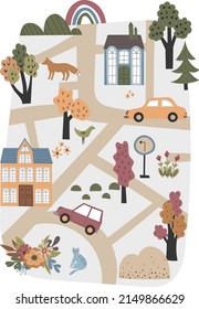 Children's posters with cars, road map and lettering Little driver in cartoon style. Cute illustrations for children's room design, postcards, prints for clothes. Vector