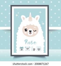 Children's posters, height, weight, date of birth. Lama, llama, alpaca, unicorn. Vector illustration. llustration newborn metric for children bedroom.