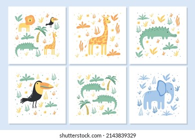 Children's posters with jungle animals. A set of posters with a crocodile, giraffe, elephant, toucan, lion. Drawn posters for the nursery. Vector illustration.
