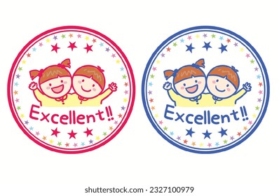 Children's praise stamp illustration with a girl and a boy