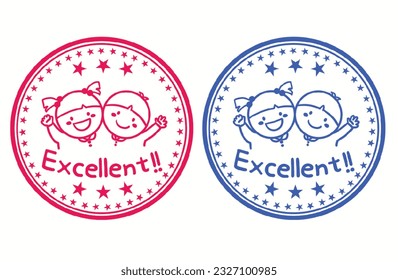 Children's praise stamp illustration with a girl and a boy