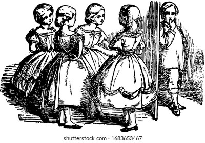 The Children's Prattle, this scene shows four little girls are playing and one girl standing behind wall and watching them, vintage line drawing or engraving illustration