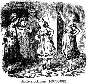 The Children's Prattle, this scene shows five little girls are playing, vintage line drawing or engraving illustration