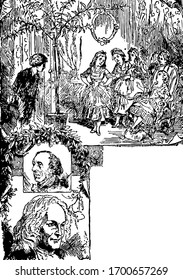 The Children's Prattle, this scene shows a little boy looking at group of little girls, one girl sitting on chair, other girls standing around her, vintage line drawing or engraving illustration