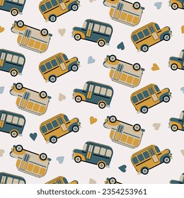 Children's print with cute buses and hearts. Pattern with transport for boys' textile. Cartoon vehicle for seamless nursery wallpaper. 