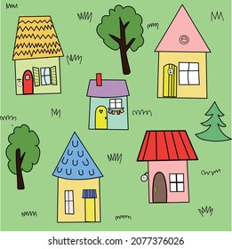 Children's print with Cute colorful houses. Summer village. Illustration for textiles and packaging paper.