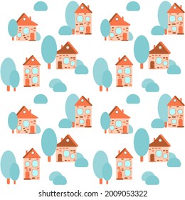 Children's print with cute houses and trees. Seamless pattern for the nursery. EPS10 illustration vector.