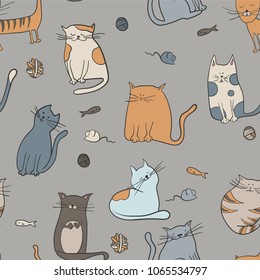 Children's print with kittens. Bright color scale. Line drawing. Design. Vector image. Styling elements. Theme of the house and coziness. Colorful pattern for boys and girls. Gray background.