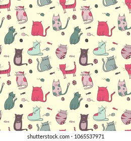 Children's print with kittens. Bright color gamma. Children's linear drawing. Design. Vector image. Styling elements. The theme of the house and coziness. Colorful pattern for boys and girls. 