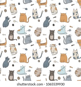 Children's print with kittens. Bright color scale. Children's linear drawing. Design. Vector image. The theme of the house and coziness. Colorful pattern for boys and girls. White background.