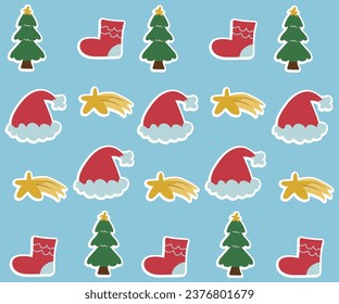 Children's print pattern with Christmas items, Santa hat, Christmas tree, shooting star.