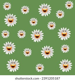 patrón de impresión infantil con flores sonrientes, impreso con fondo verde. Flores con sonrisa, ilustración vectorial