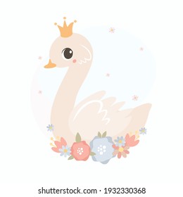 Children's print princess swan. Delicate pastel swan in flowers. Symbol of grace and ballet