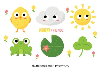 Children's print. Set with chicken, frog, cloud, clover and sun