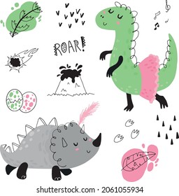 Children's print. Set of illustrations in scandi style with dinosaurs, dancing, comet and volcano