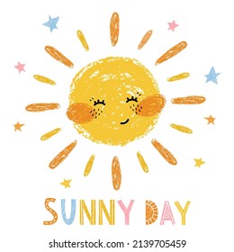 Children's print: Sunny day. Vector illustration hand-drawn for a typographic poster, postcards, labels, brochures, flyers, pages, banners, children's clothing. Scandinavian style. Vector illustration