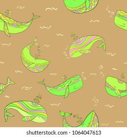 Children's print with whales. Bright colors. Line drawing. Design. Styling elements. Theme of home and comfort. Marine motifs. Colorful pattern.