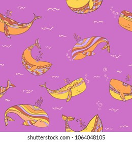 Children's print with whales. Bright colors. Line drawing. Design. Styling elements. Theme of home and comfort. Marine motifs. Colorful pattern for boys and girls.