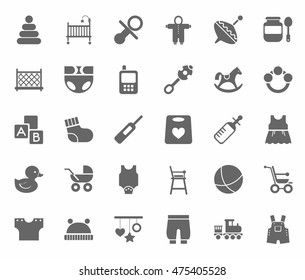 Children's products, monochrome, flat icons. Clothes, toys and personal items for newborns and young children. Gray icons on white background.  