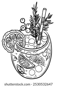 Children's Punch in a glass with a straw. Traditional Christmas drink with berries and citrus. Black and white doodle sketch festive beverage a garnish of twigs, leaves. Vector illustration, Coloring 