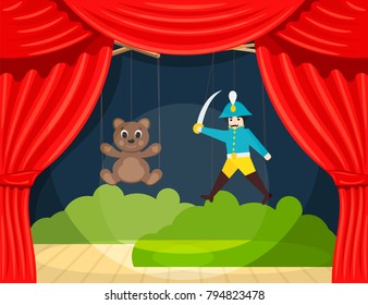 Children's Puppet Theater with puppets puppets bear and soldier. Vector illustration