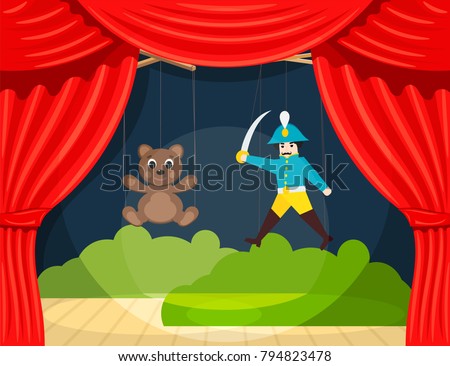 Children's Puppet Theater with puppets puppets bear and soldier. Vector illustration