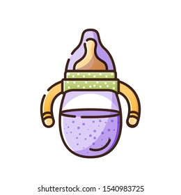 Children's purple bottle for milk or water. Vector isolated object on a white background. Birth of a baby boy or girl