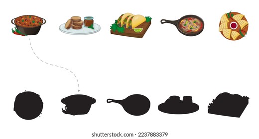 Children's Puzzle Find Whose Shadow. For elementary school age children. Latin American Cuisine. Vector illustration. Cartoon.