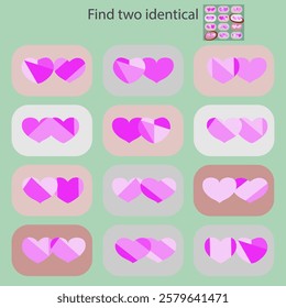 In a children's puzzle game, find 2 identical pictures with hearts.In a children's puzzle game, find 2 identical pictures with hearts.