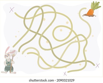 Children's puzzle game. Labyrinth. Educational logic games. Help the rabbit find the carrot. Vector illustration.