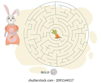 Children's puzzle game. Labyrinth. Educational logic games. Help the rabbit find the carrot. Vector illustration.